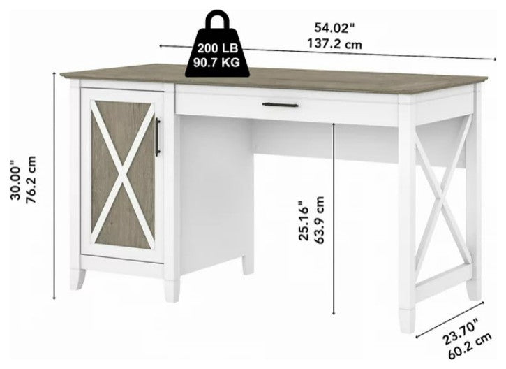 Farmhouse Desk, Large Drawer & X-Shaped Accented Door, Shiplap Gray/Pure White