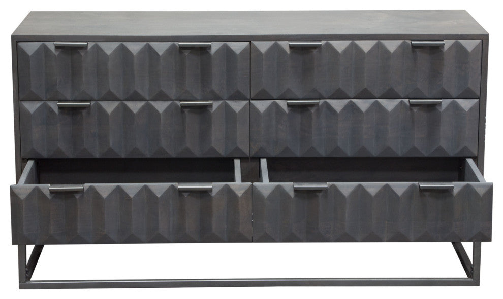6-Drawer Solid Mango Wood Dresser in Smoke Grey Finish Gun Metal Finished Legs