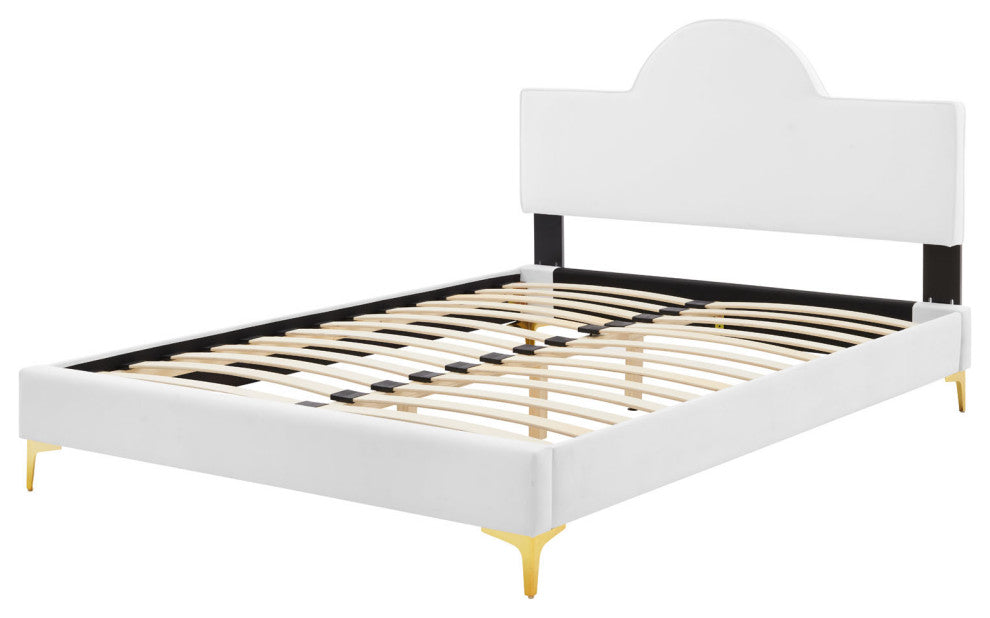 Platform Bed Frame, Queen Size, White, Velvet, Modern, Bedroom Guest Suite