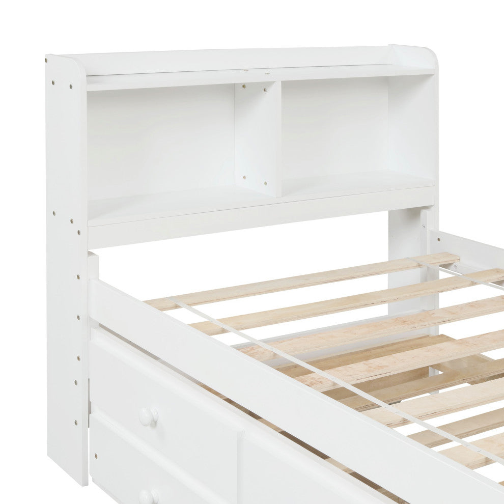 Full/Twin Wood Frame Platform Bed with Trundle and Drawers, White, Twin