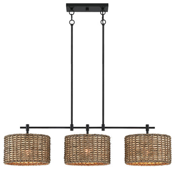41"W 3-Light Black Farmhouse Rattan Island Light Linear Chandelier