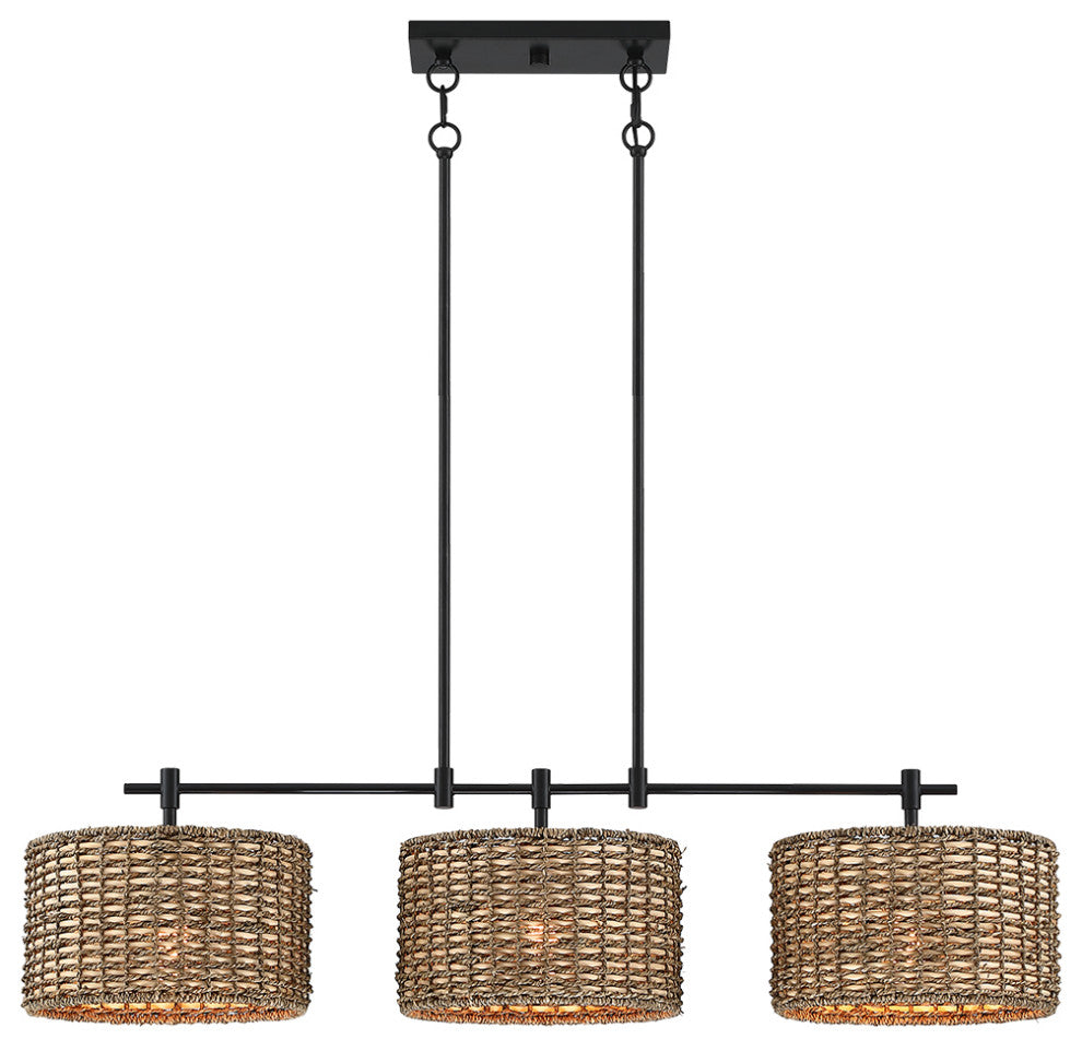 41"W 3-Light Black Farmhouse Rattan Island Light Linear Chandelier
