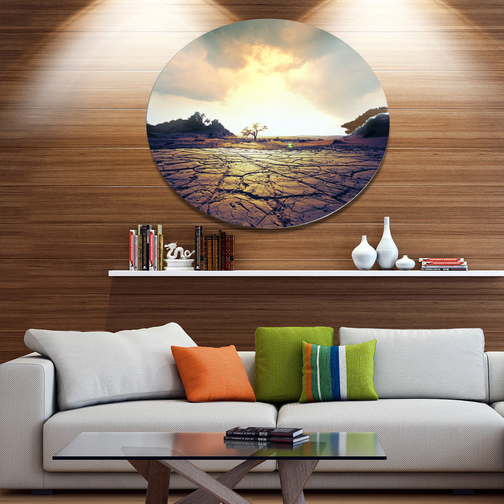 Cracked Drought Land With Sunshine, Landscape Round Metal Wall Art, 11"