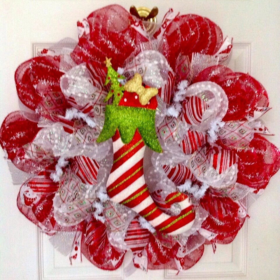 Elf Candy Cane Stocking Christmas Deco Mesh Wreath