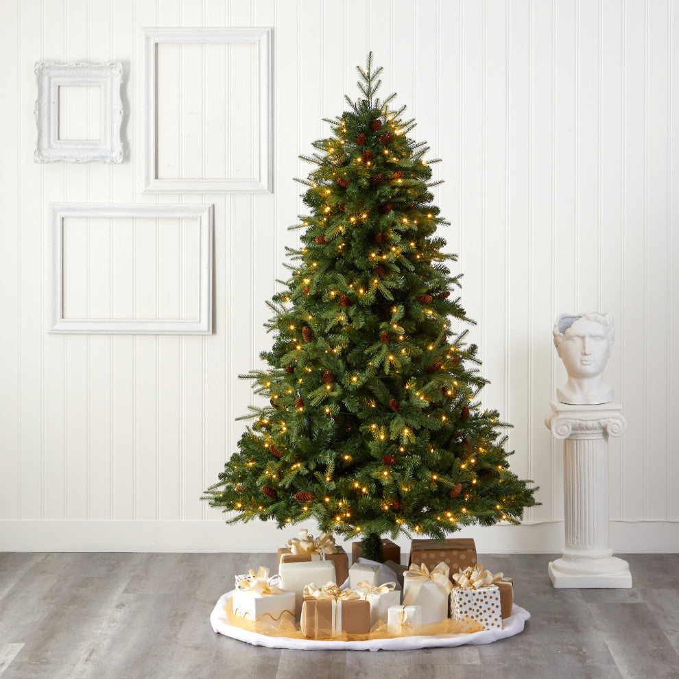 7' Wellington Spruce Natural Look Faux Xmas Tree W/400 Clear Lights & Pine Cones