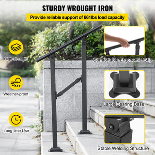 VEVOR Outdoor Stair Railing Transitional Wrought Iron Handrail, 7.9 Inch, 1 Step