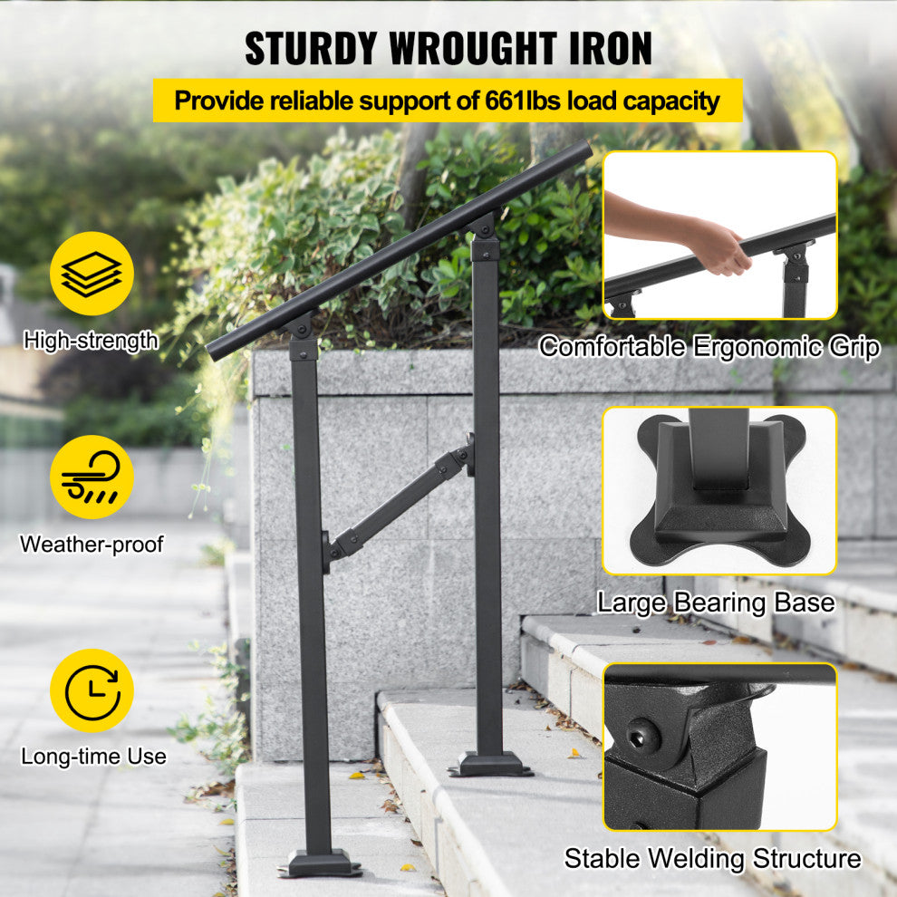 VEVOR Outdoor Stair Railing Transitional Wrought Iron Handrail, 7.9 Inch, 1 Step