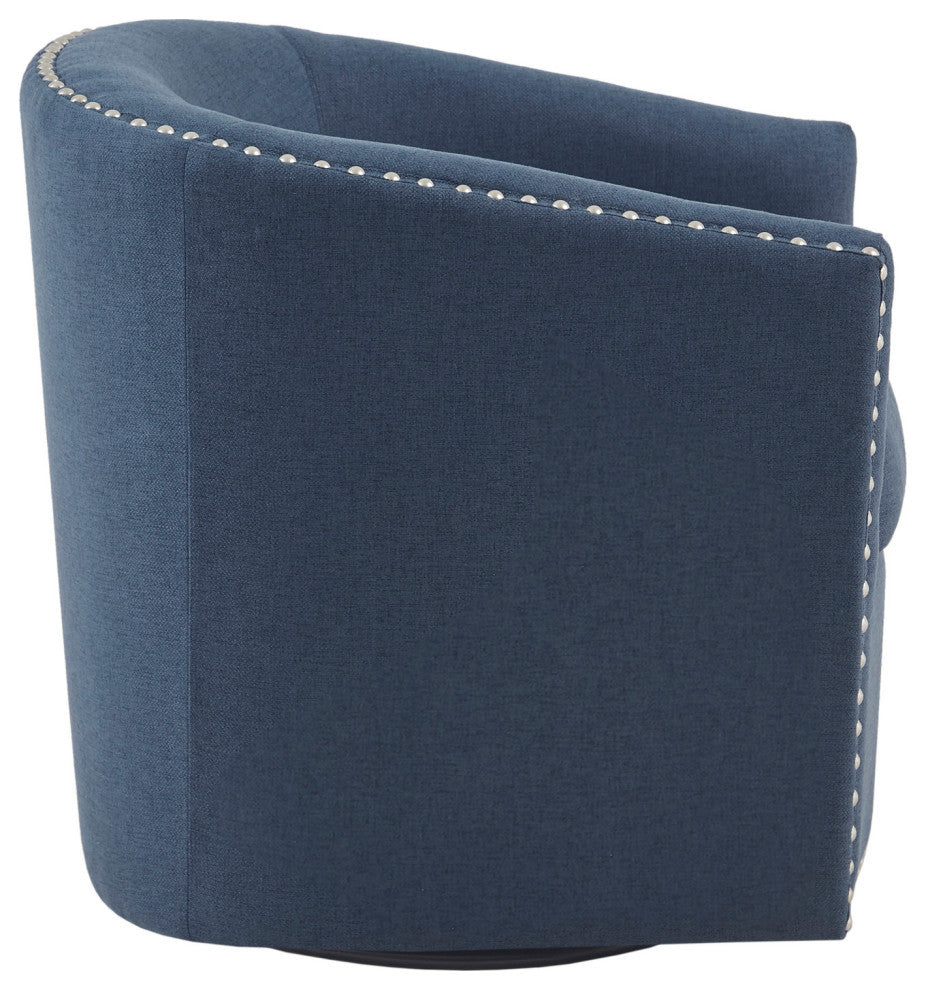 Madison Park Tyler Upholstered Swivel Barrel Chair with Nailheads, Blue