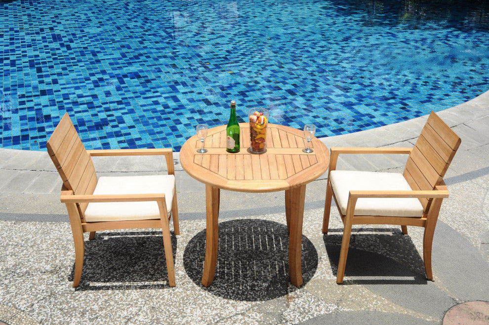 3-Piece Outdoor Teak Dining Set: 36" Round Table, 2 Alps Stacking Arm Chairs