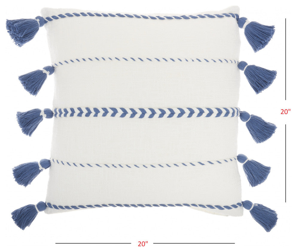 Bohemian White Cotton Accent Pillow With Blue Tassel Details