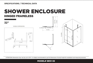 Shower Enclosure Hinged Frameless Tempered Glass, Polished Chrome, 32"