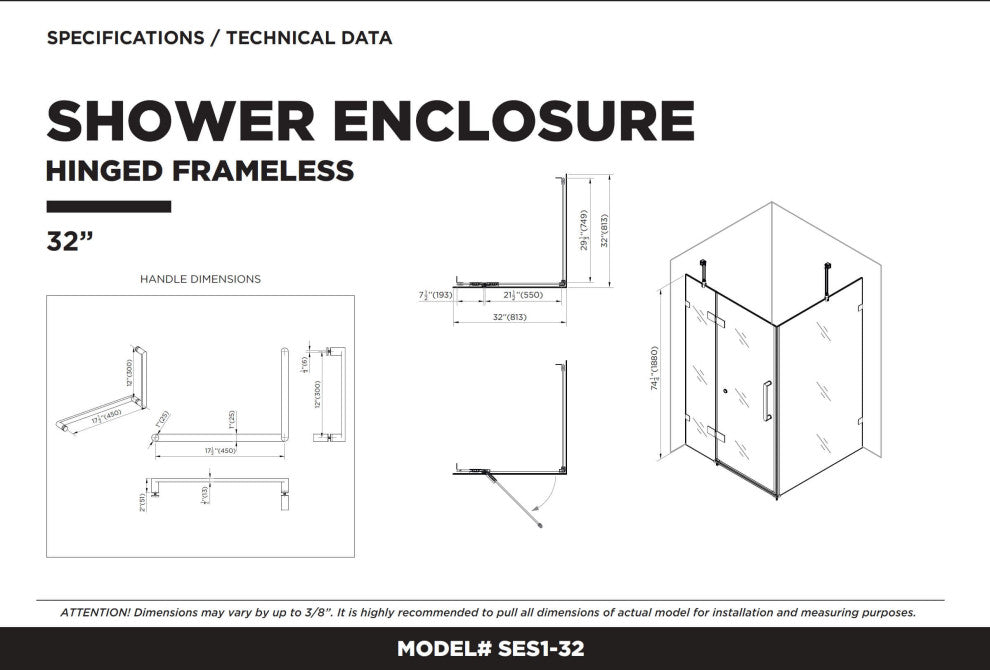 Shower Enclosure Hinged Frameless Tempered Glass, Polished Chrome, 32"