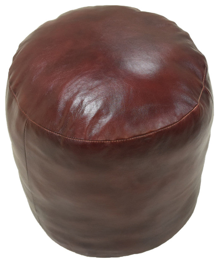 Pouf-Solid Handmade Leather Pouf (Recycled Foam with Fiber Fill), Cherry, [Round} 18x18x18