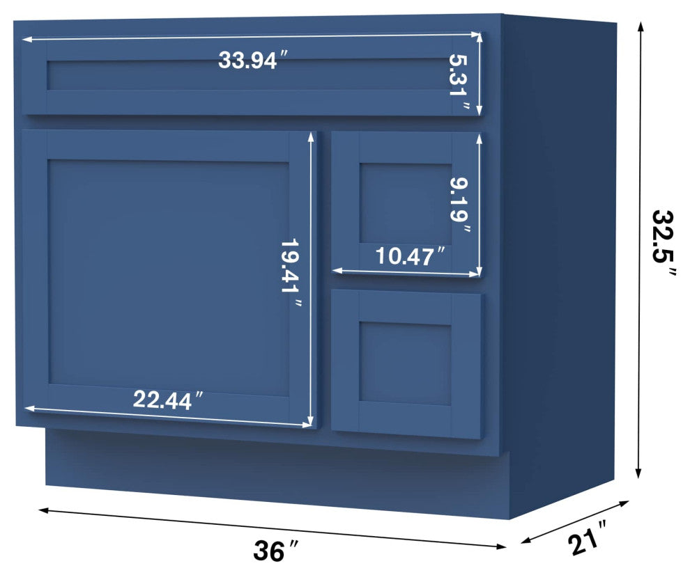 Vanity Art Vanity Base Cabinet, No Top, Drawers on Right, 36", Blue