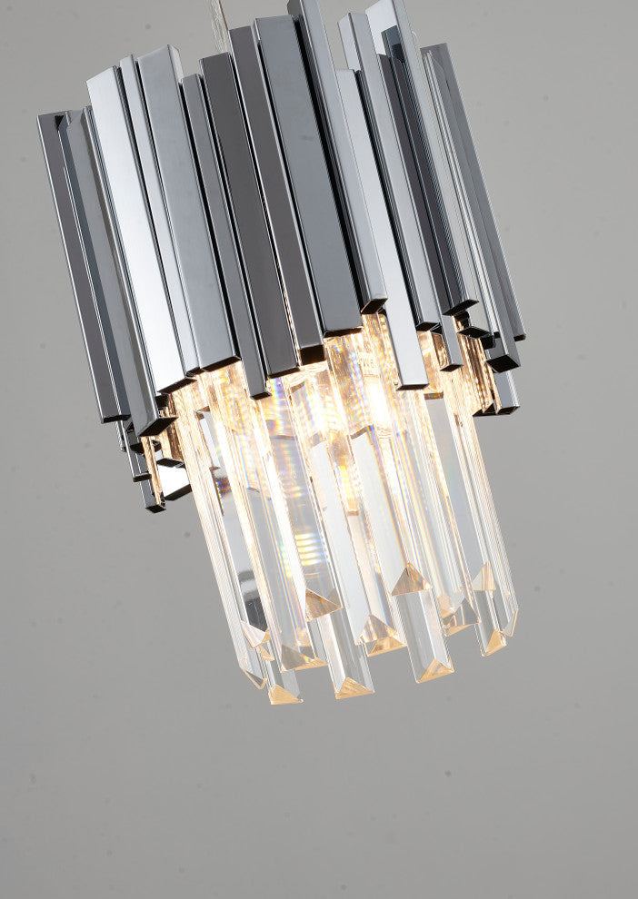 Shiny Nickel Stainless Steel Frame Single Pendant Light, Clear Crystal Drops