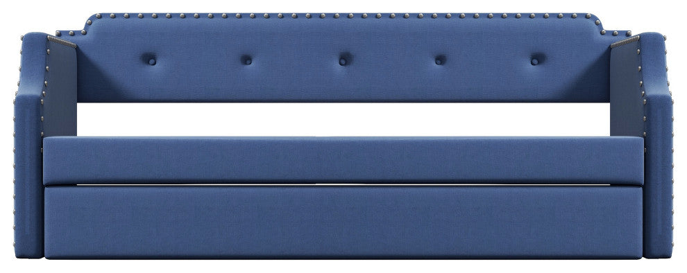 Elegant Linen Upholstered Daybed with Trundle, Blue