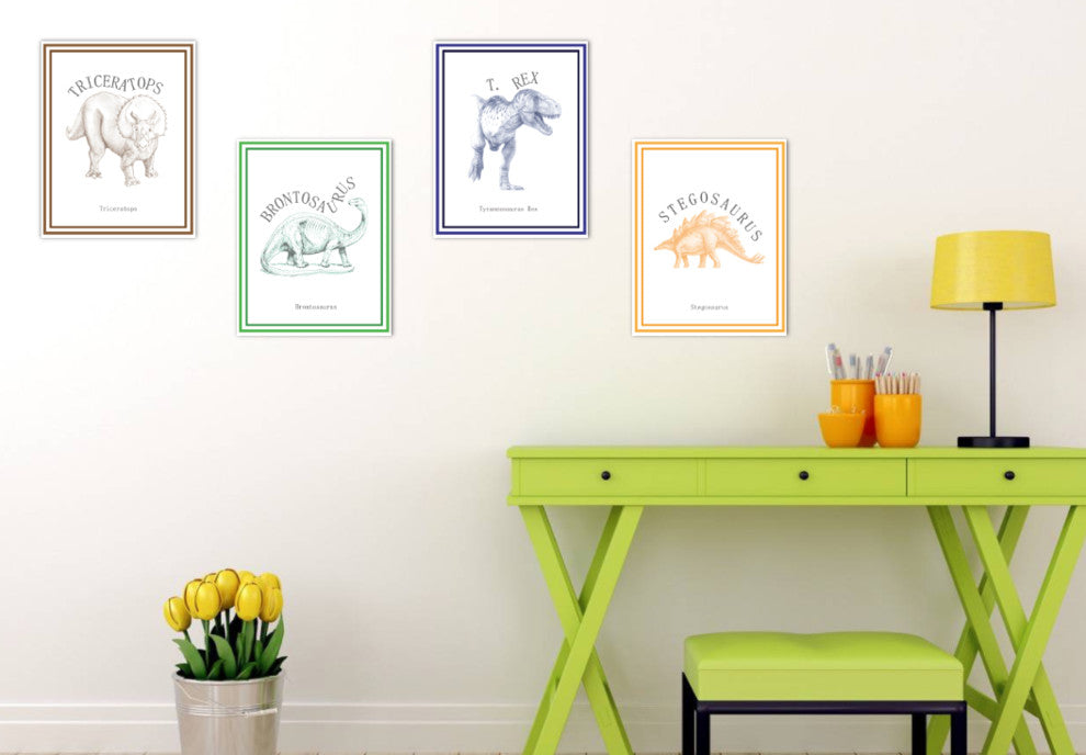 Classic Dinosaur Collection, Paper Print, 11"x14", 4 Piece Set