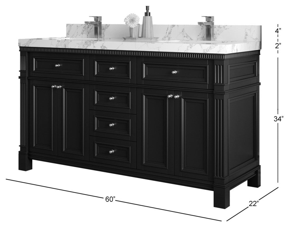 Paris 60" Double Sink Bathroom Vanity, Black 2" Calacatta Poannazo