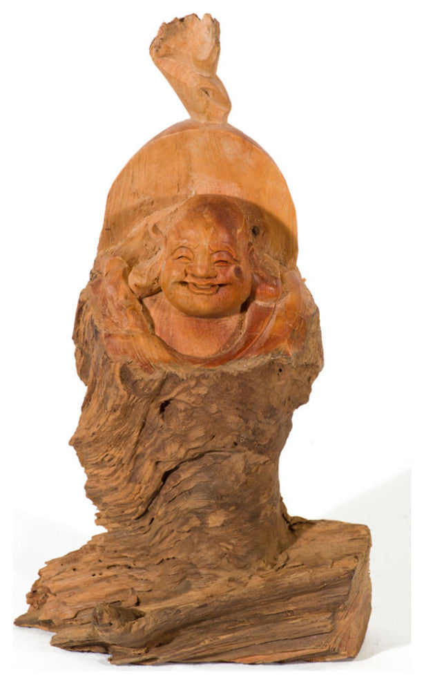 Hand Carved Cedar Wood Chinese Happy Buddha Statue