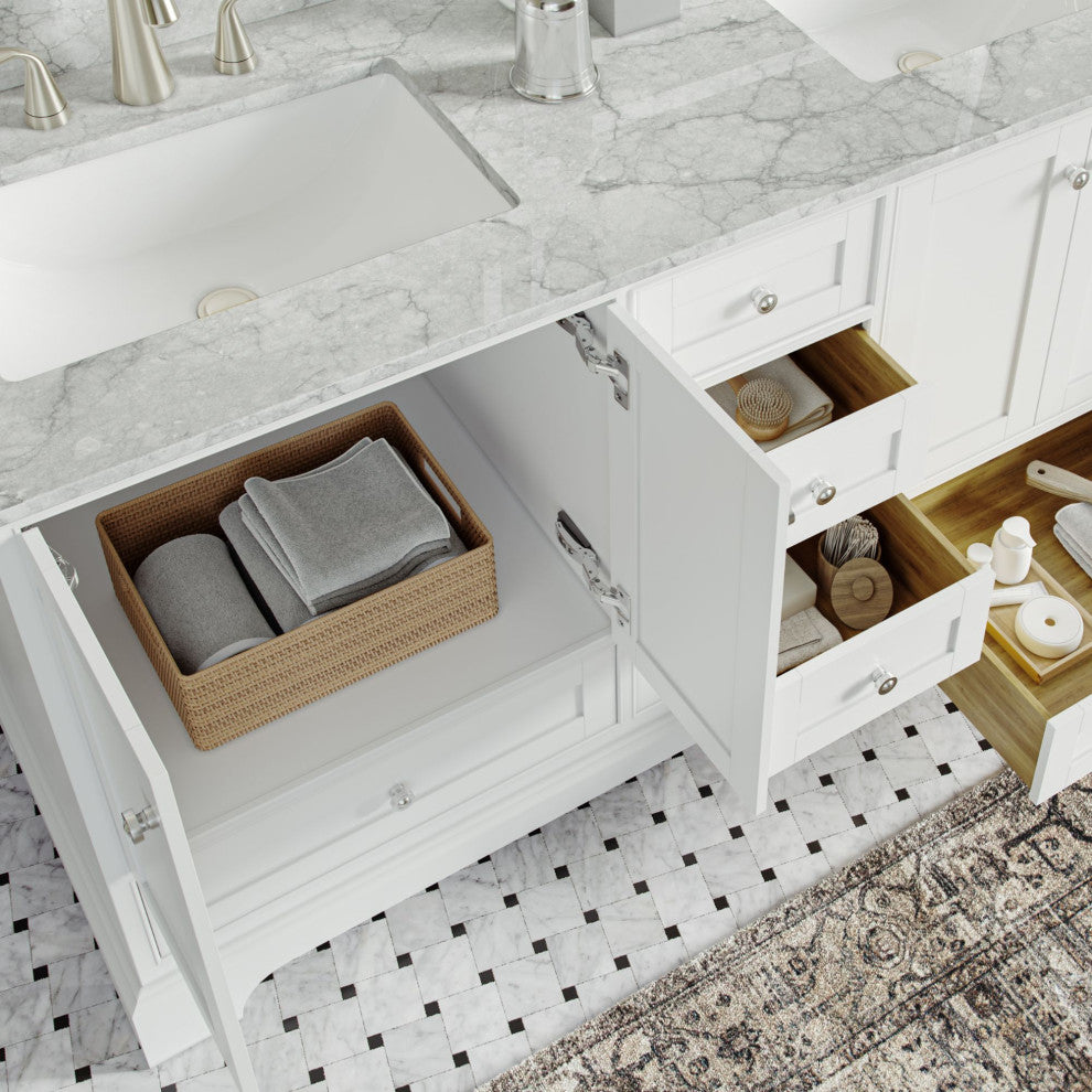 Cascade Bath Vanity, White, 60", Brushed Nickel Hardware, Double, Freestanding