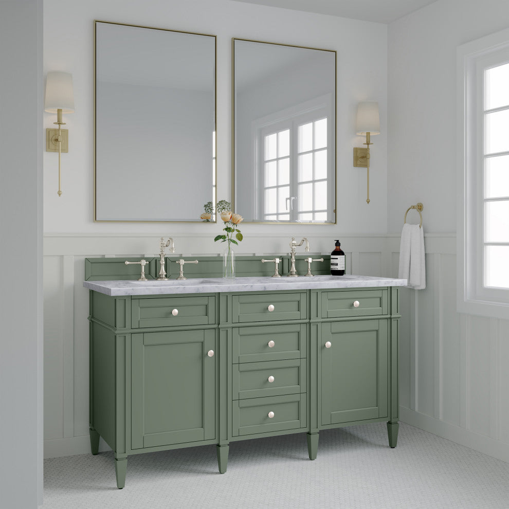 Brittany 60" Double Vanity, Smokey Celadon,  Carrara Marble Top
