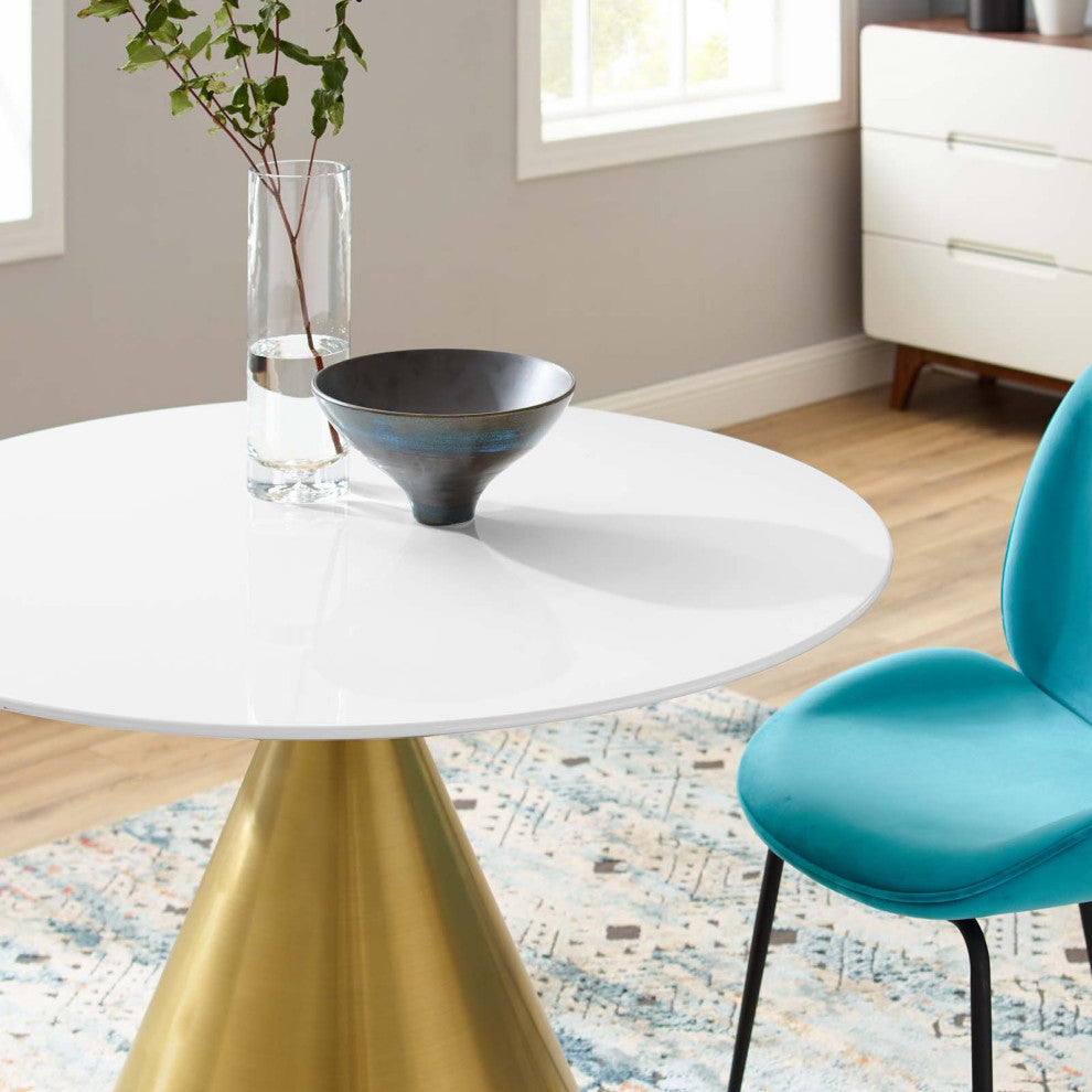 Dining Table, Round, Wood, Metal, Gold White, Modern, Cafe Bistro Restaurant