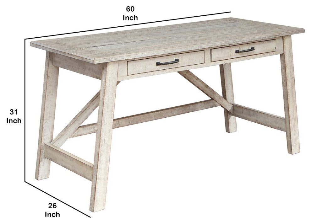 Benzara BM206092 Wooden Office Desk With 2 Drawers/Beam Legs, Antique White