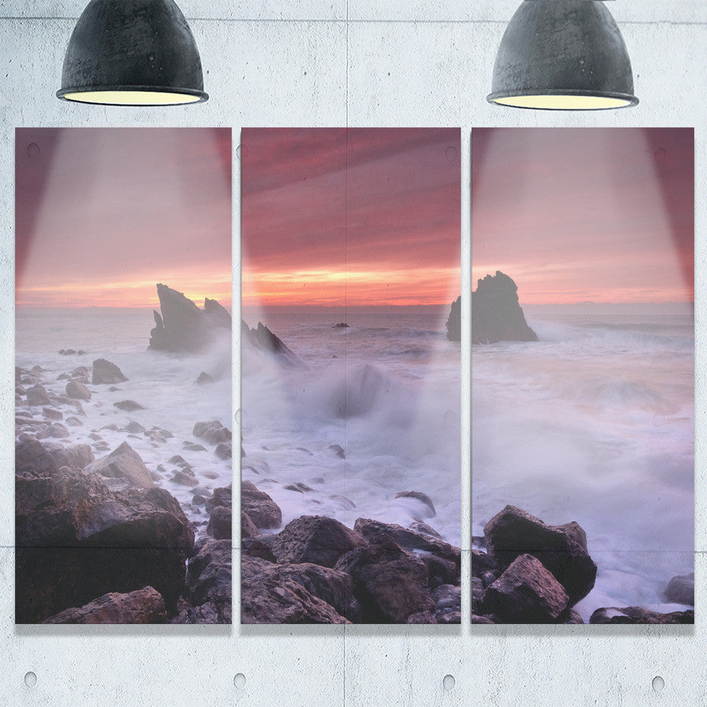 "Force of Sea Hitting Rocky Coast" Metal Wall Art, 3 Panels, 36"x28"
