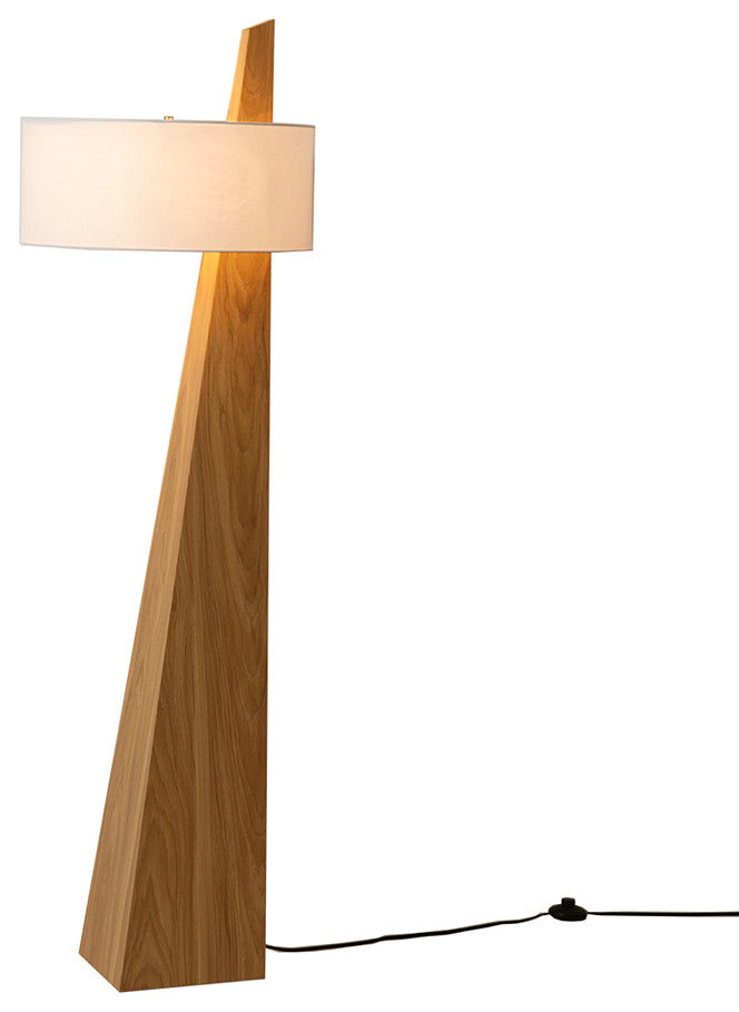 Obelisk Floor Lamp - Natural Ash Wood Finish, White Cotton-Linen Shade