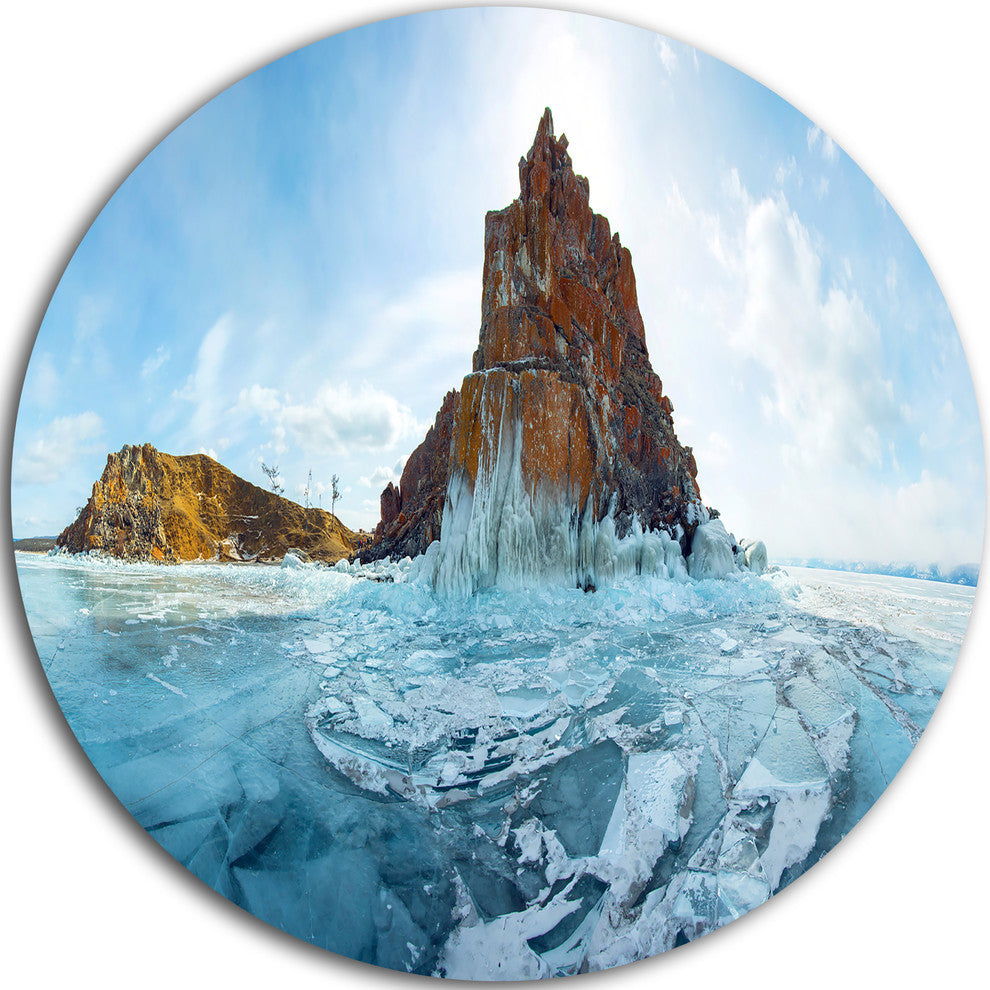 Ice And Rocks Of Lake Baikal, Seascape Round Metal Wall Art, 36"