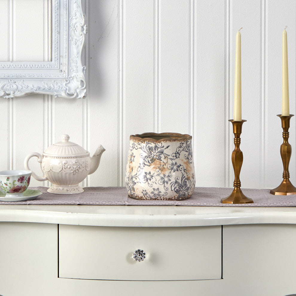 Nearly Natural 7" Tuscan Ceramic Gray Scroll Planter