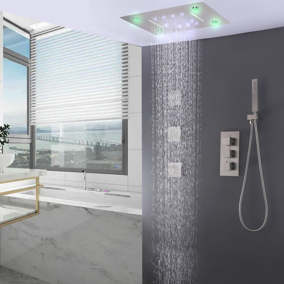 Thermostatic Shower System With Multi Function LED Shower Head, Brushed Nickel