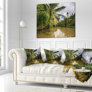 Tropical River With Bent Coconut Palm Landscape Printed Throw Pillow, 16"x16"