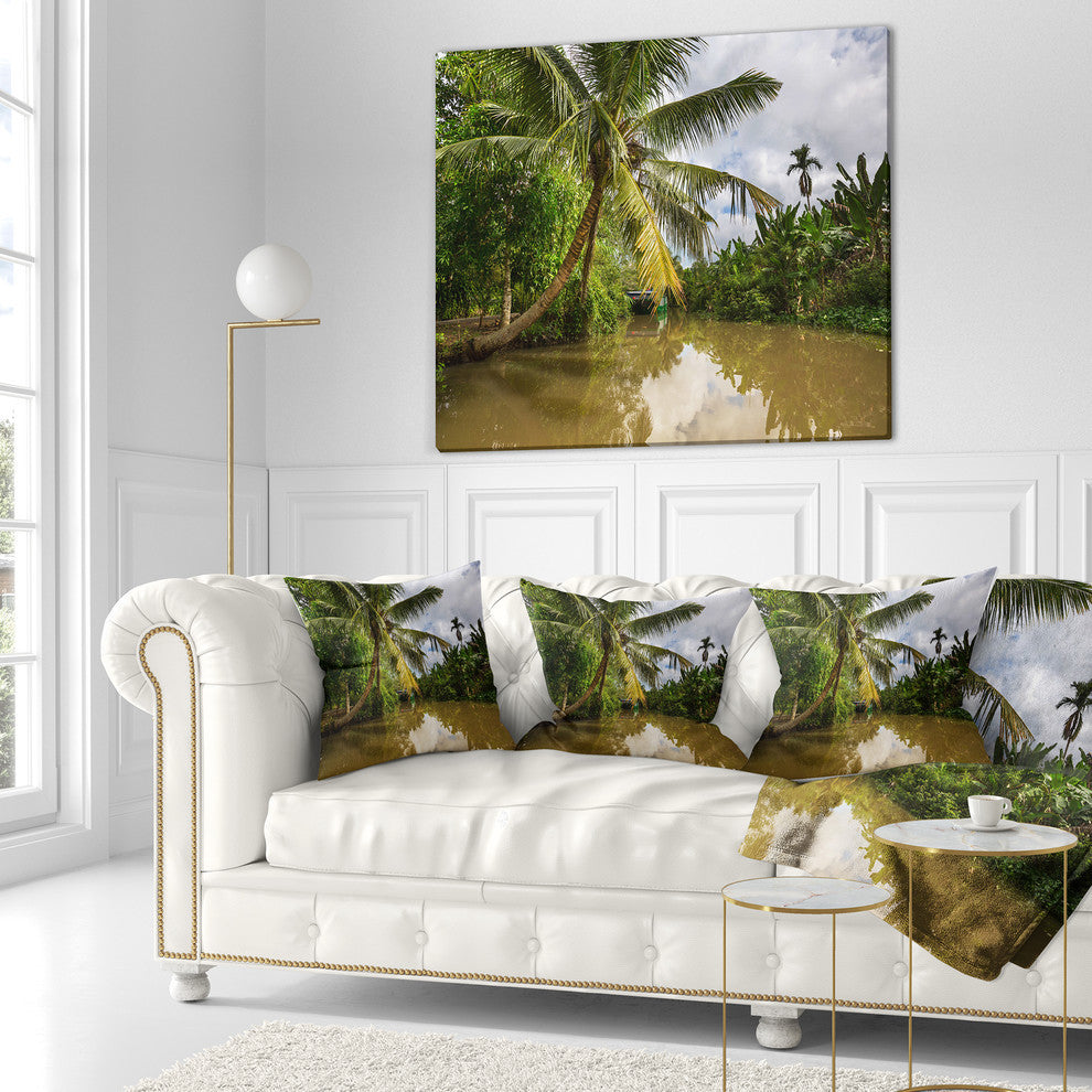 Tropical River With Bent Coconut Palm Landscape Printed Throw Pillow, 16"x16"