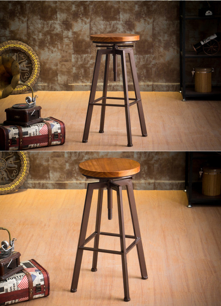 Industrial-Styled Iron Rotating and Lifting Bar Stool Made of Solid Wood, Copper