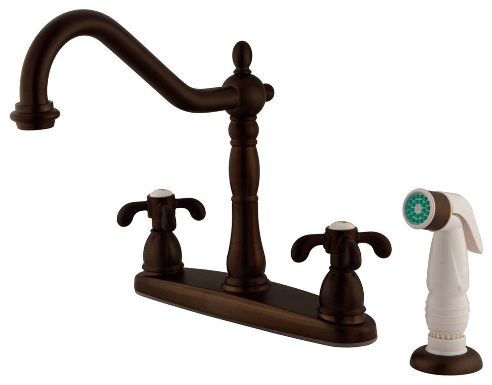 French Country Double Handle 8" Centerset Kitchen Faucet with White Sprayer