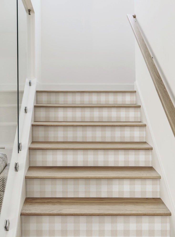 Checkered Fabric Look Peel & Stick Stair Riser Strips, Beige, 48"x7", Set of 6