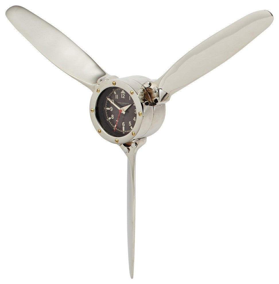 Large Silver MidCentury Airplane Propeller Clock, Retro Vintage Style Aviation