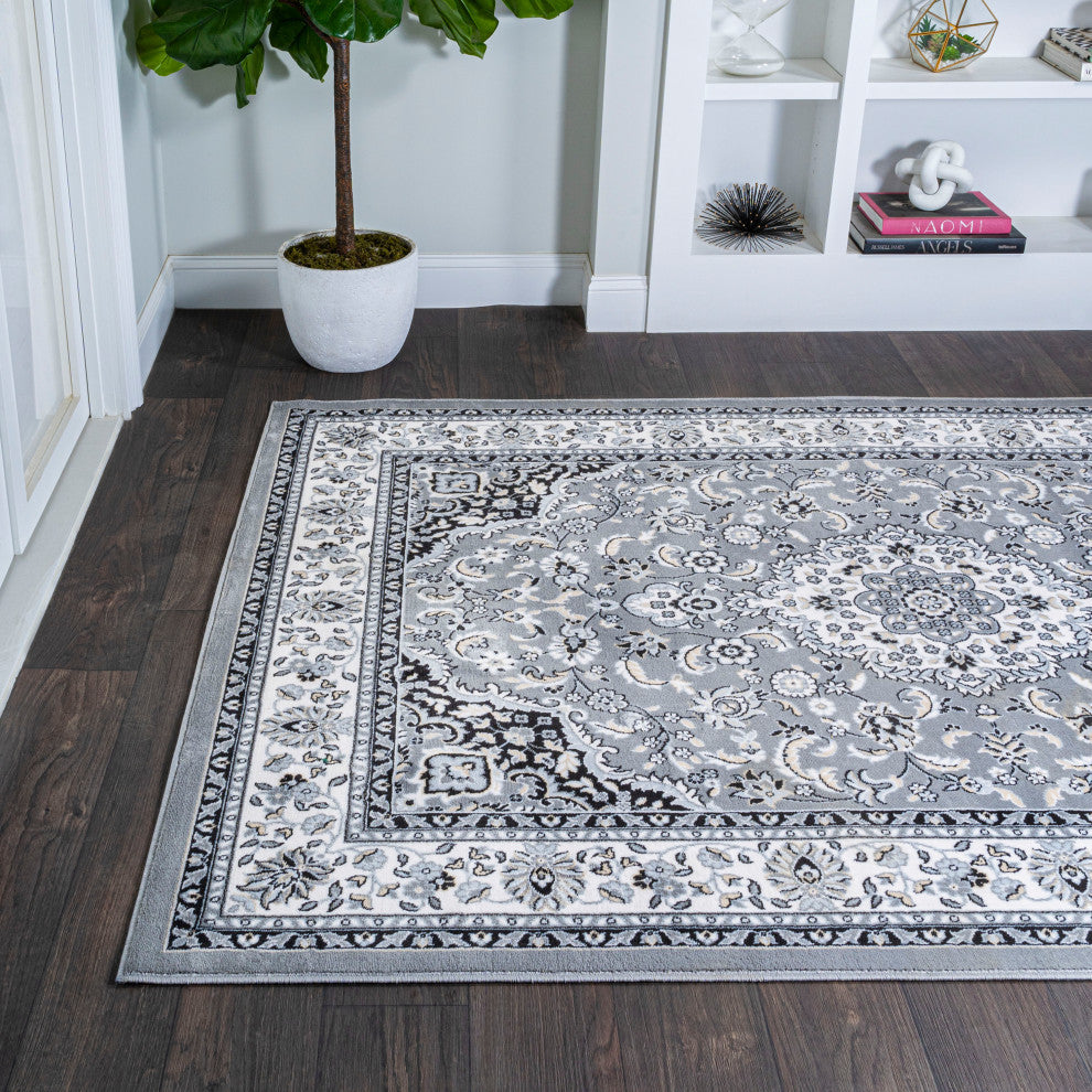 Palmette Modern Persian Floral Area Rug, Gray and Ivory, 8x10