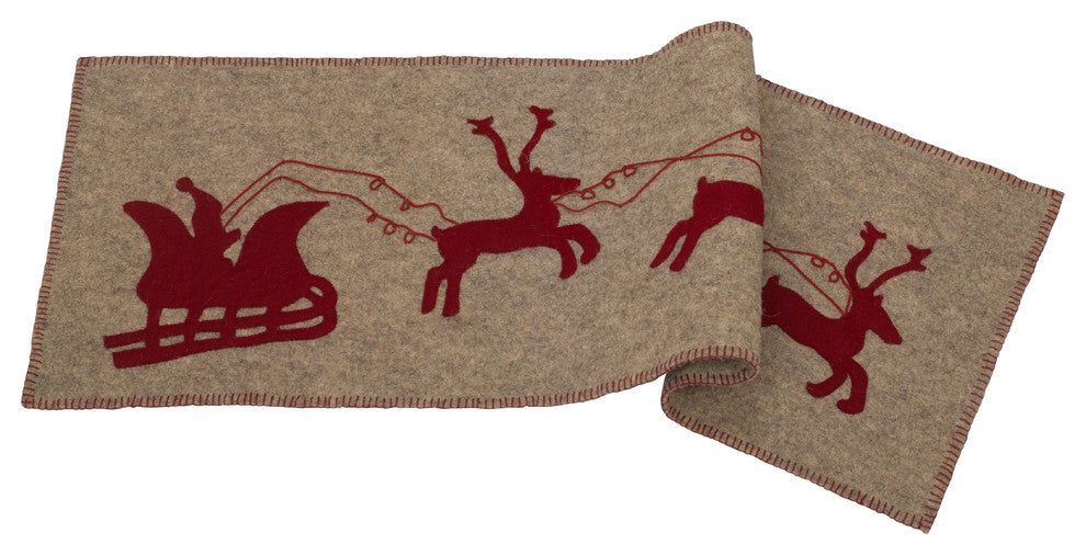 Handmade Gray Hand Felted Wool Table Runner with Reindeer and Sleigh, 16x44