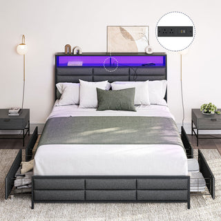 Full Size Bed Frame with Storage Drawers and Headboard (Gray)
