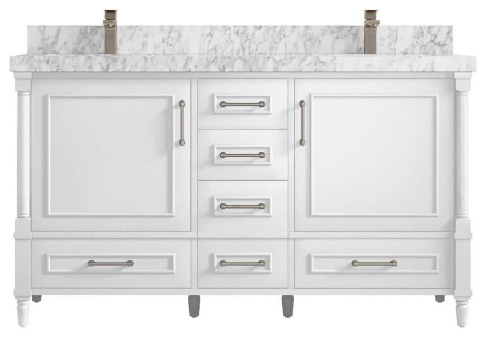 Aberdeen 60 Double Bathroom Vanity in White 2" Carrara Marble