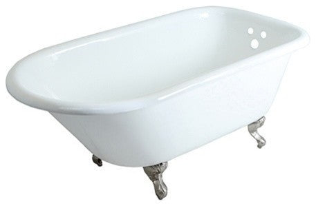 60" Roll Top Clawfoot Tub w/3-3/8" Wall Drillings, White/Brushed Nickel