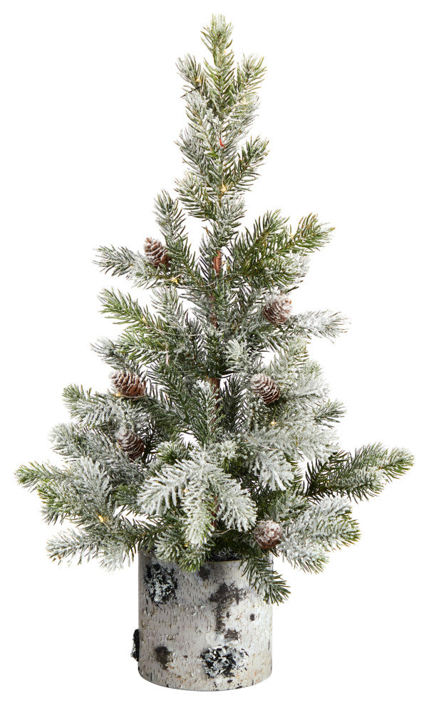 24" Flocked Xmas Faux Tree, Decorative Birch Bark Planter With 30 LED lights