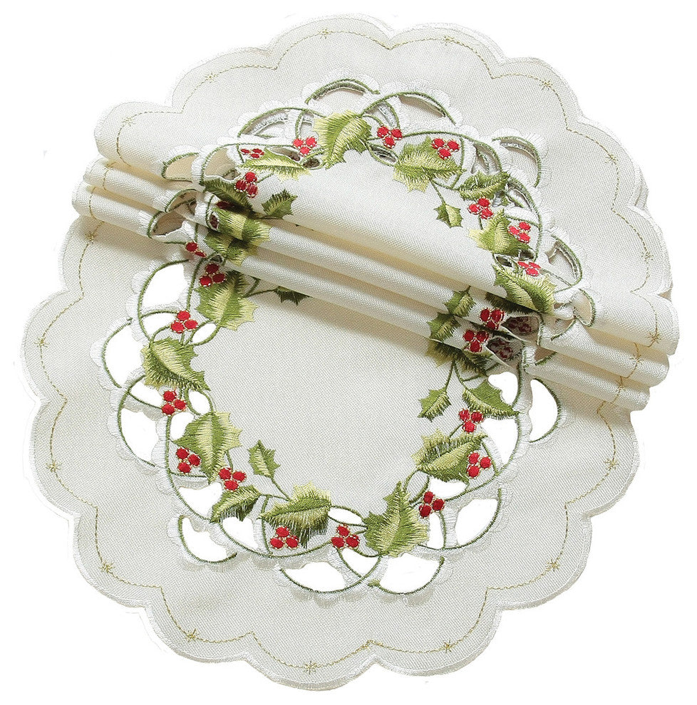 Winter Berry Embroidered Cutwork Christmas Doilies, 8'''' Round, Set of 4