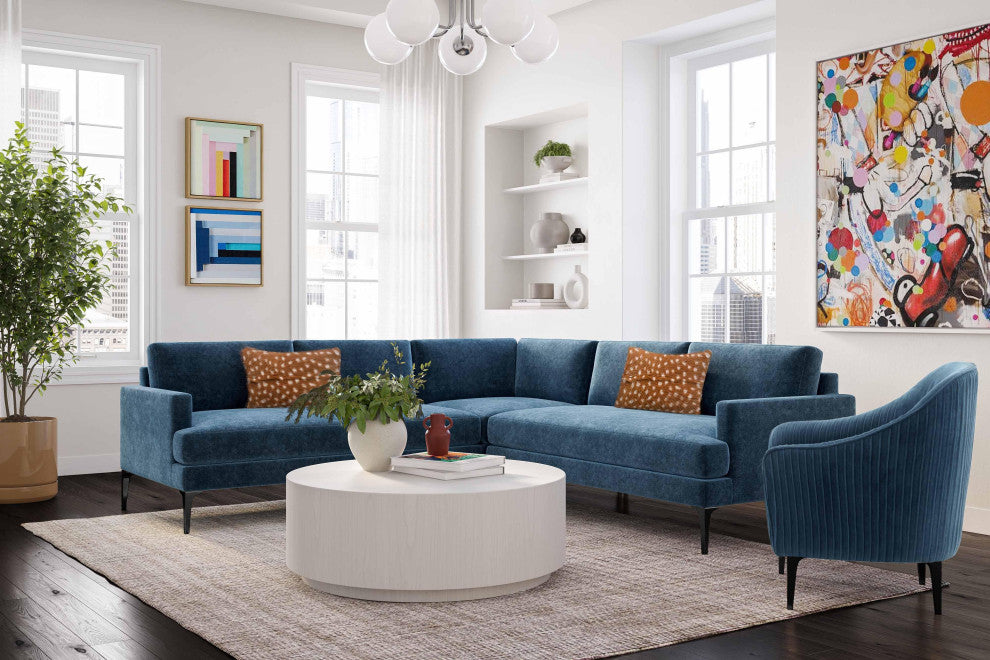 Serena Blue Velvet L-Sectional With Black Legs