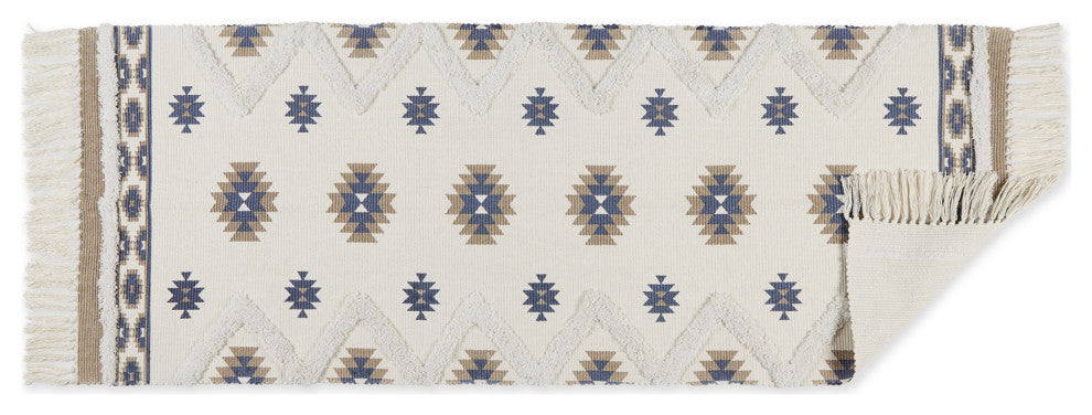 Stone And Blue Printed Off-White Hand-Loomed Shag Rug Runner 2Ft 3Inx6Ft