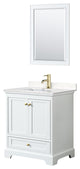30"SGL Vanity White, Carrara Cult. Marble Countertop, Sink, Gold Trim, 24"Mirror