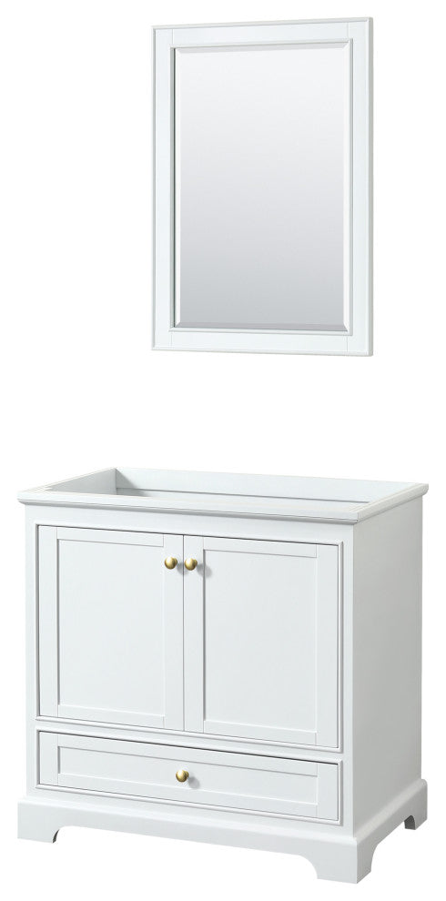 36" Single Bathroom Vanity, White, No Countertop, Gold Trim, 24" Mirror