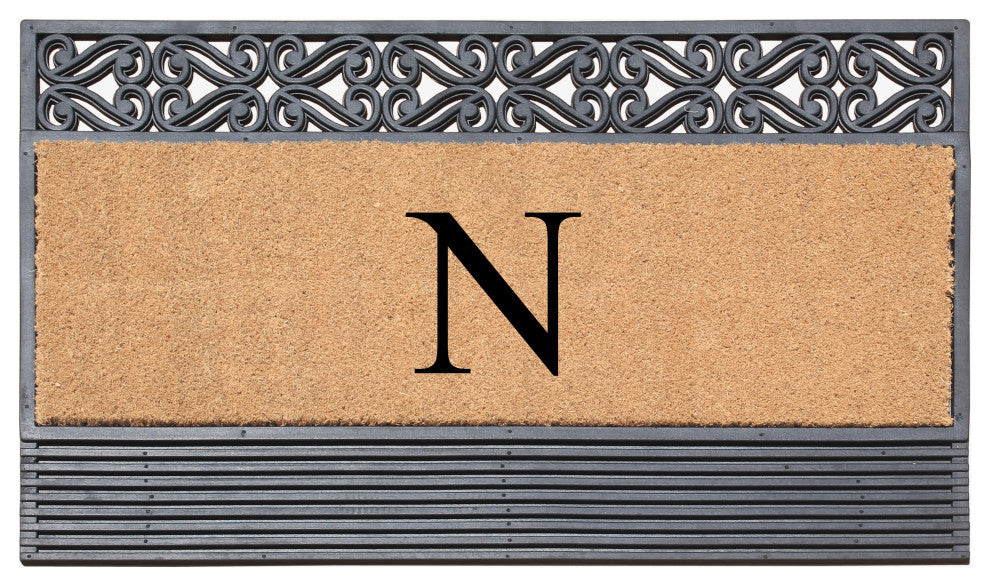 Rosewood Black/Beige 24"x36" Rubber And Coir Monogrammed Doormat, N